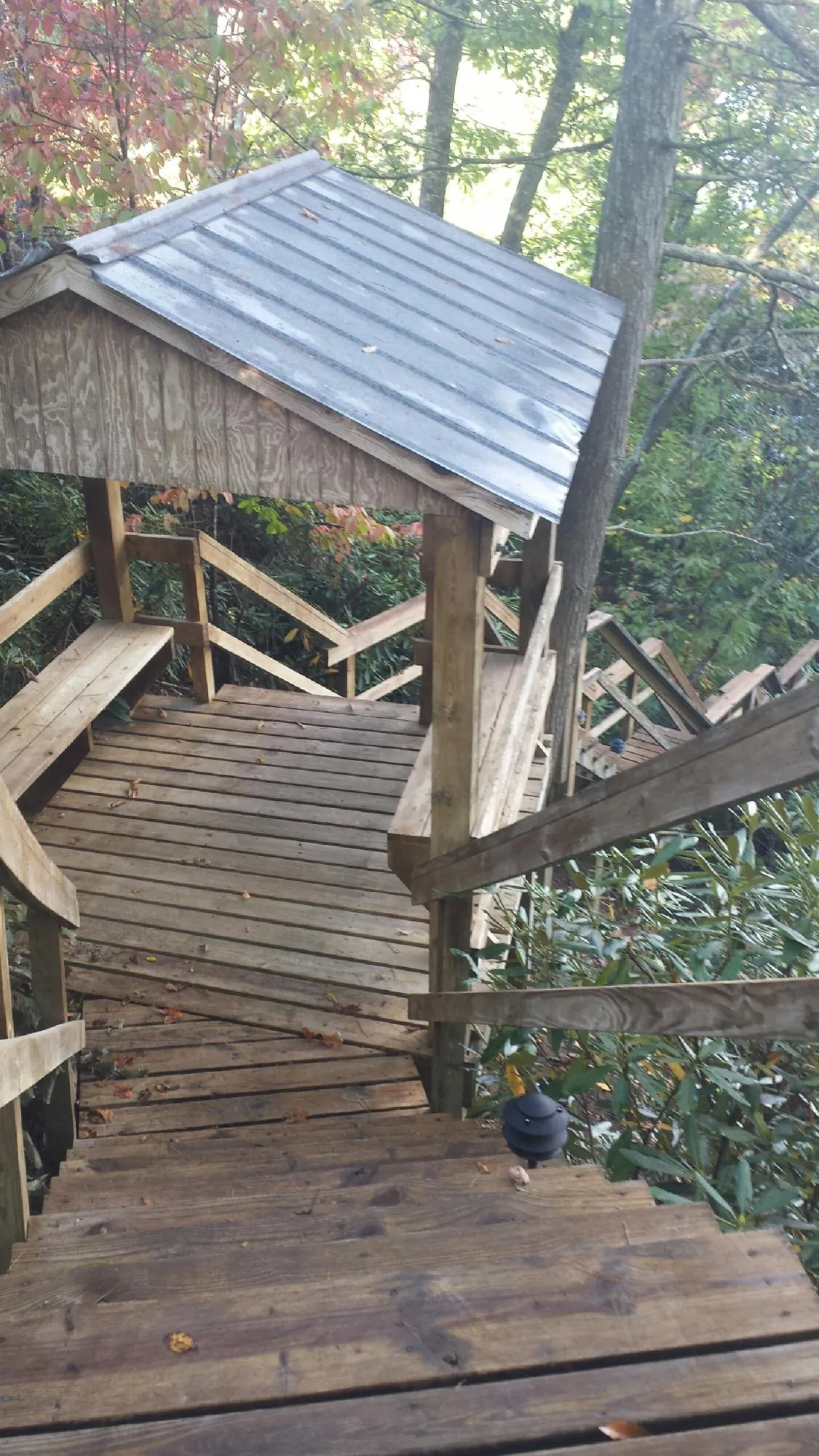 Metal roofed shelter over wooden steps on a wooded walkway — Skylight Repair & Installation work by our crew in Pennellville